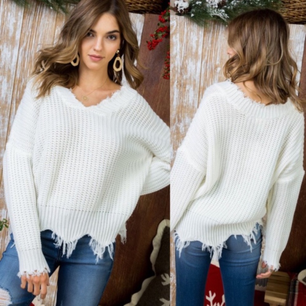 Cozy Black v neck Frayed Hem knit Sweater Top - Picture 5 of 9